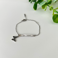 Childrens Type One Diabetic Stainless Medical Alert Clasp Bracelet - Butterfly Charm