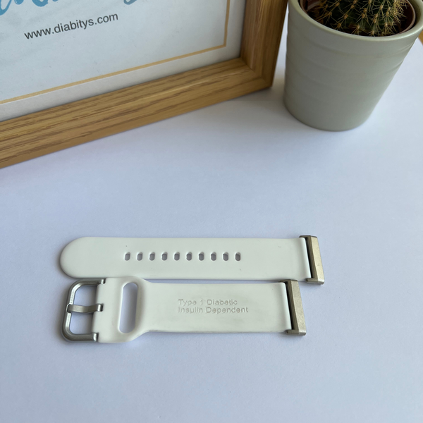 Type One Medical ID Fitbit Versa 4, Versa 3, Versa Lite, Sense Silicone Watch Strap - White
