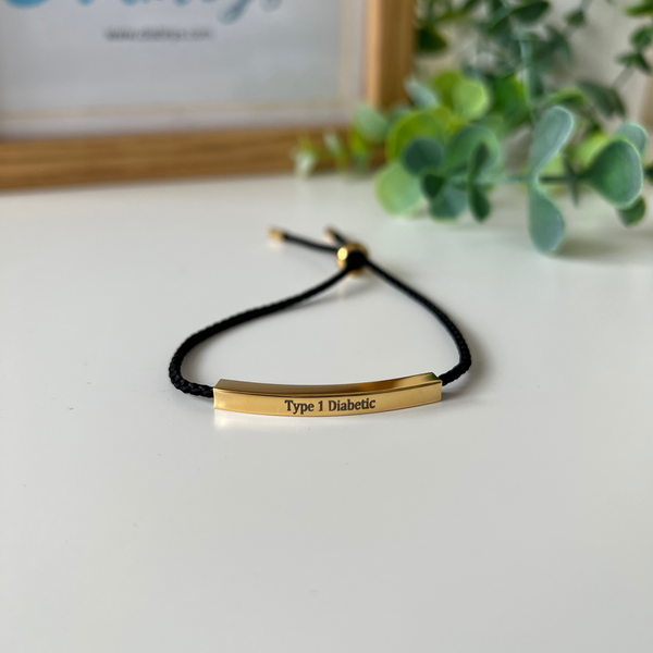 Black Rope, Gold Coloured Stainless bar - Type One Diabetic Medical Alert Bracelet