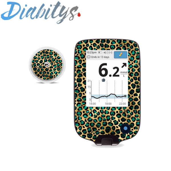 Freestyle Libre/Libre 2 Reader Sticker and 1 Sensor Sticker - Gold & Teal Leopard